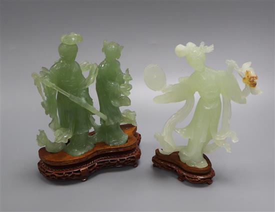 A 20th century Chinese carved bowenite jade figure of a courtesan and a similar group of a noble couple,